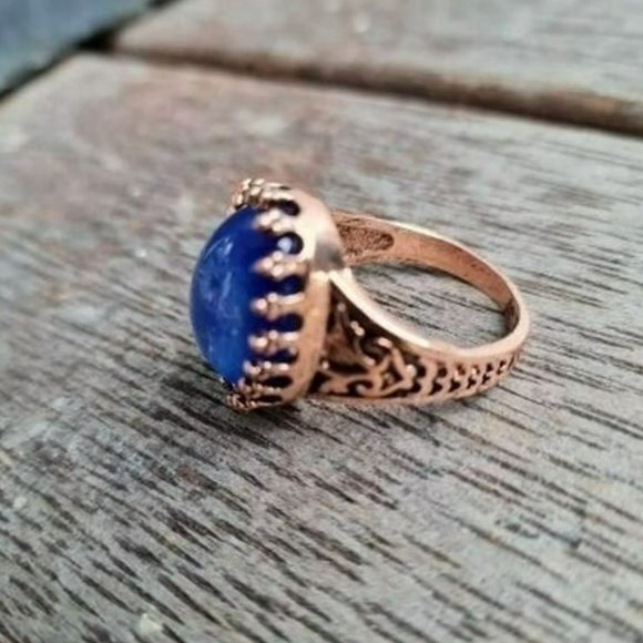 Men's Retro Blue Glass Mosaic Rose Gold Turkish Ring - Picture 2 of 8